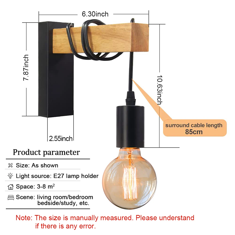 Nordic Iron Wood Wall Lamp E27 Retro Wall Light Fixture Indoor Industrial Sconce Lamp Dining Room Bedside Lamp Bedroom Light