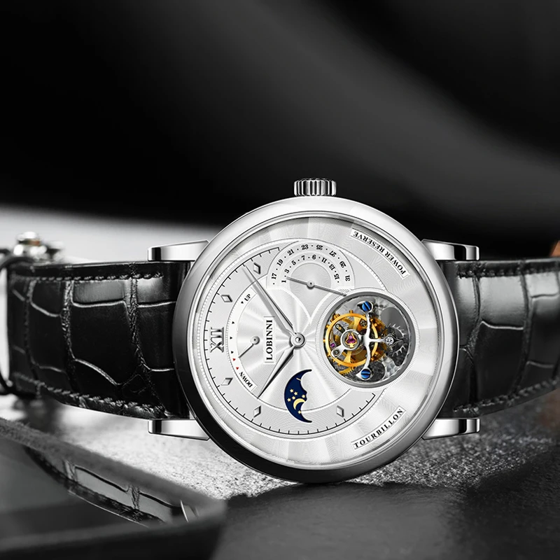 ساعة LOBINNI Real Tourbillon للرجال حركة النورس ساعة ميكانيكية زجاج الياقوت مرحلة القمر ساعة ميكانيكية متعددة الوظائف