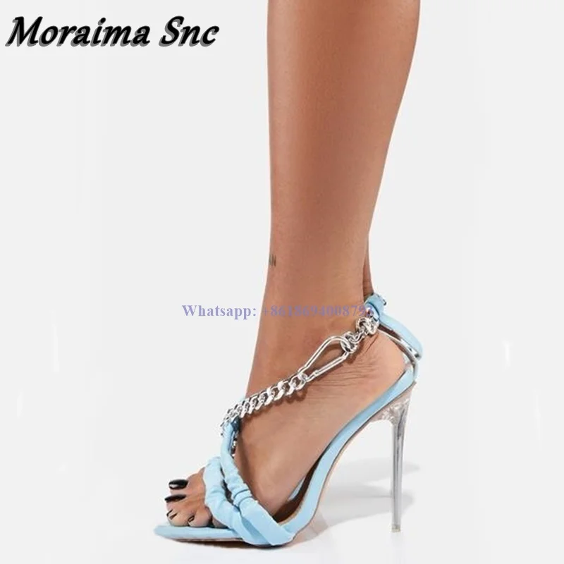 Sandalias de tacón alto con cadena para Mujer, Zapatos de tacón transparente de aguja, color azul, para verano