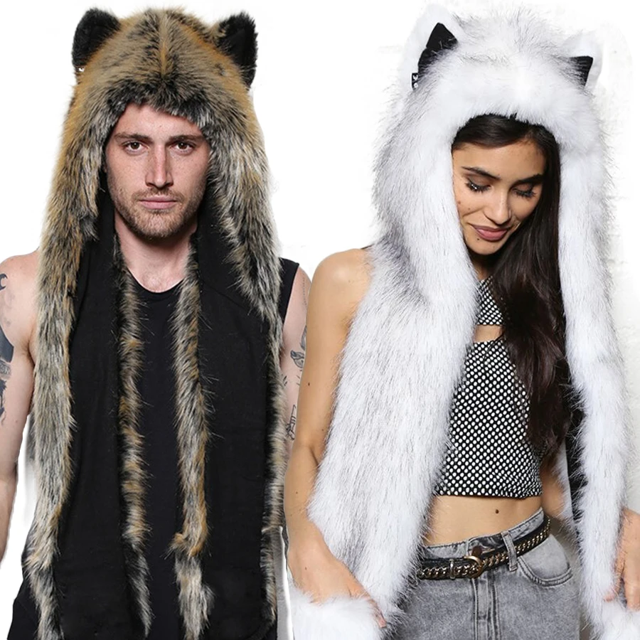 Men/Women Faux Fur Hood Animal Hat Ear Flaps Gloves 3in1 Animal Fur Hat Wolf Plush Warm Imitation Fur Hats Cap with Scarf Gloves