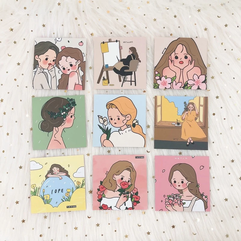 9 Sheets kawaii Girl Illustration Series Card decorative sticker Writable Postcard Metope Decoration Card Diy Photography props