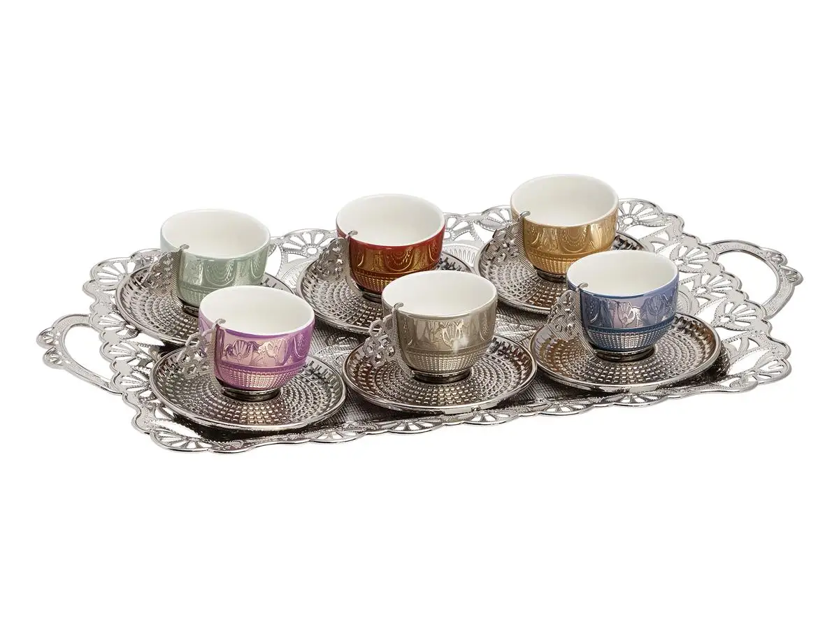 Espresso Coffee Cups with Saucers and Tray Set of 6, Porcelain Turkish Greek Silver Coffee Cups and Saucers, coffee Cup