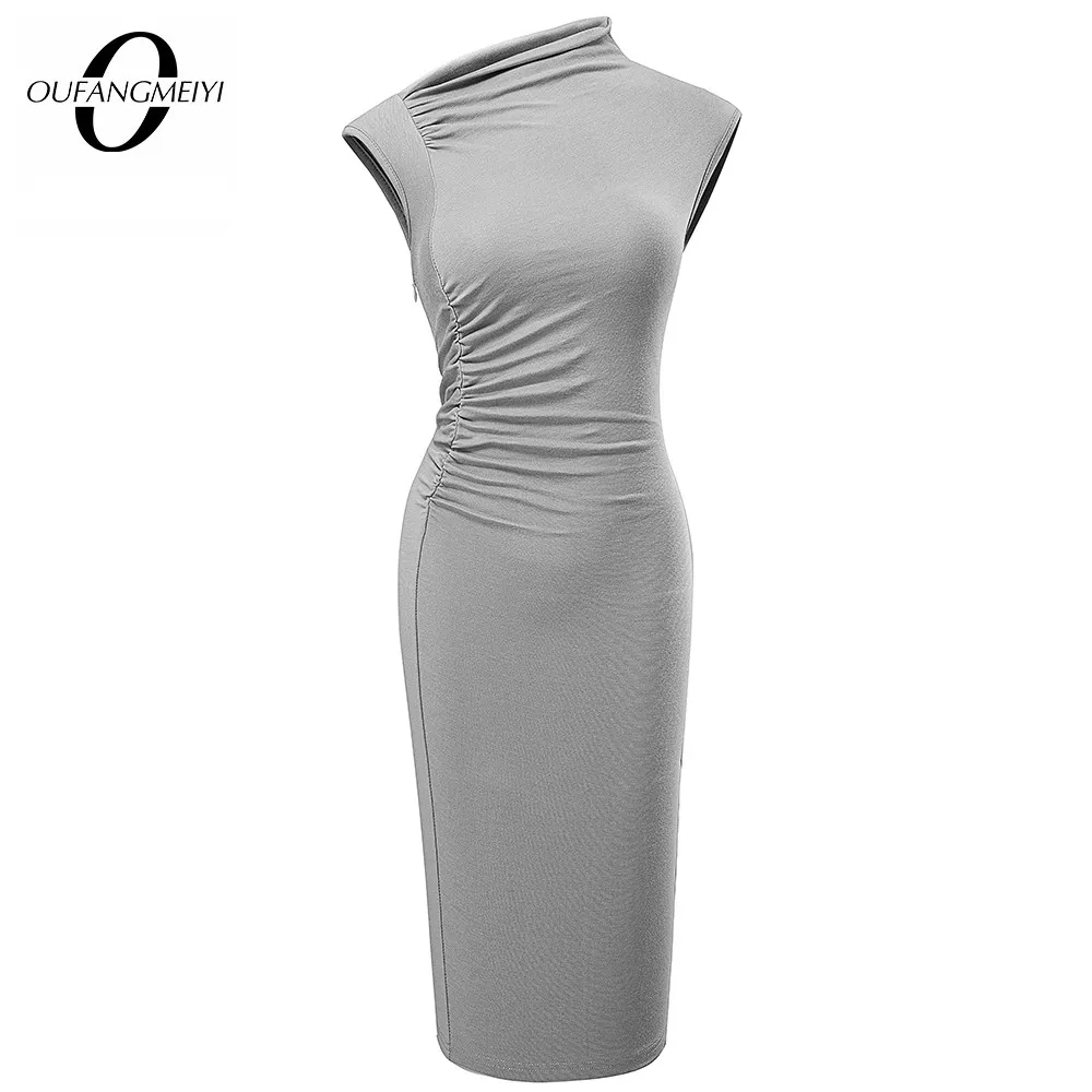 

Women Business Elegant Pure Color Turtleneck Ruched Lady Slim Office Pencil Dress EB672