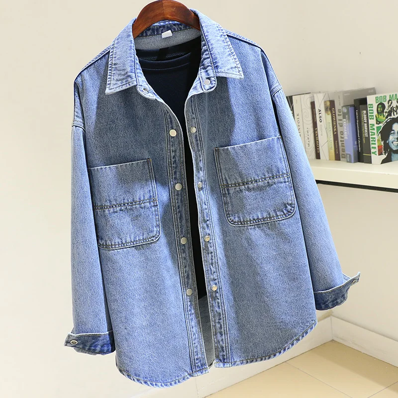 

Korean Spring Autumn Mid Long Blue Denim Jacket Coat Women Big Pocket Vintage Outerwear Loose Long sleeve Jeans Jackets Female