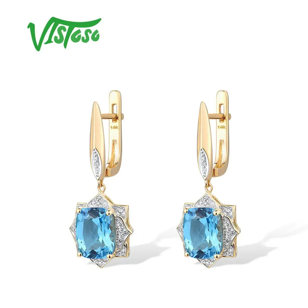 VISTOSO Gold Earrings For Women Authentic 14K 585 Yellow Gold Shiny Diamond Blue Topaz Earrings Engagement Wedding Fine Jewelry