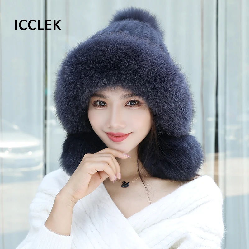 Women Real Mink Fur Bomber Hats Winter Genuine Mink Fox Fur Pom pom Hat Autumn Winter Women Hat Elastic Warm Fur Caps