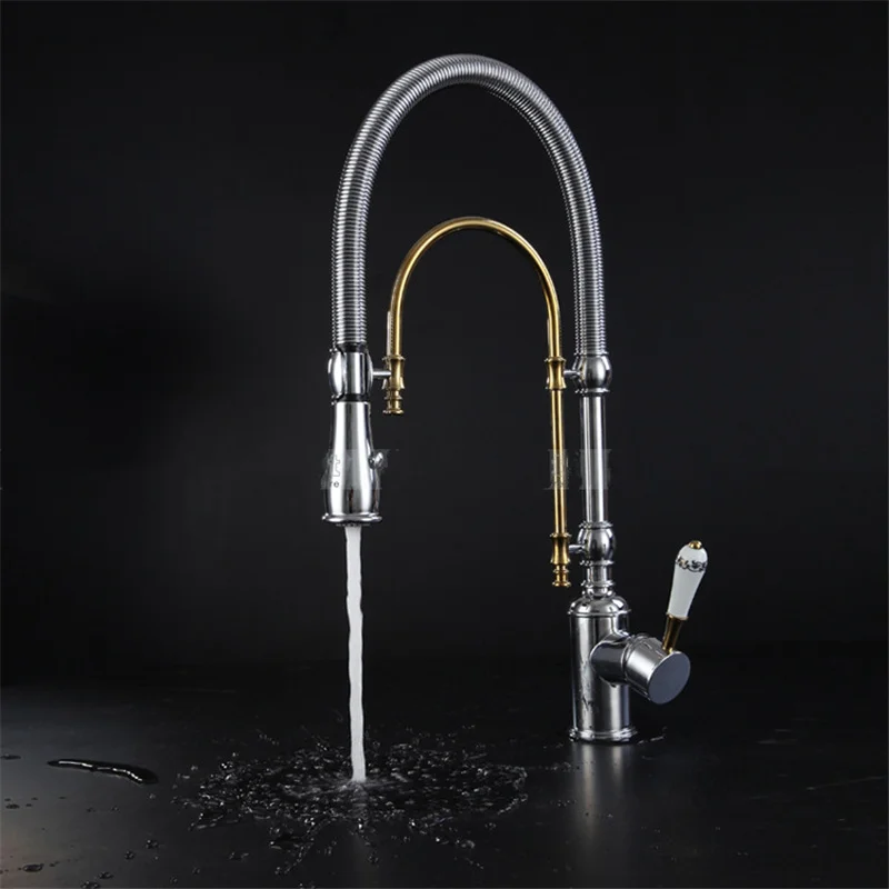 Gold Kitchen Sink Faucets, Hot and Cold Brass Rotating Mixer Tap, Pull Out Spray Nozzle, Single Handle, Dual Outlet, Deck Mount