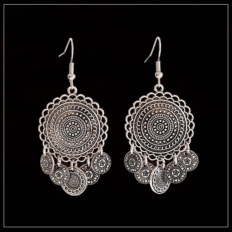 Retro Round Bollywood Womens Ethnic Earrings Silver Color Flower Afghan Drop Jhumka Indian Earrings Wedding Jewelry