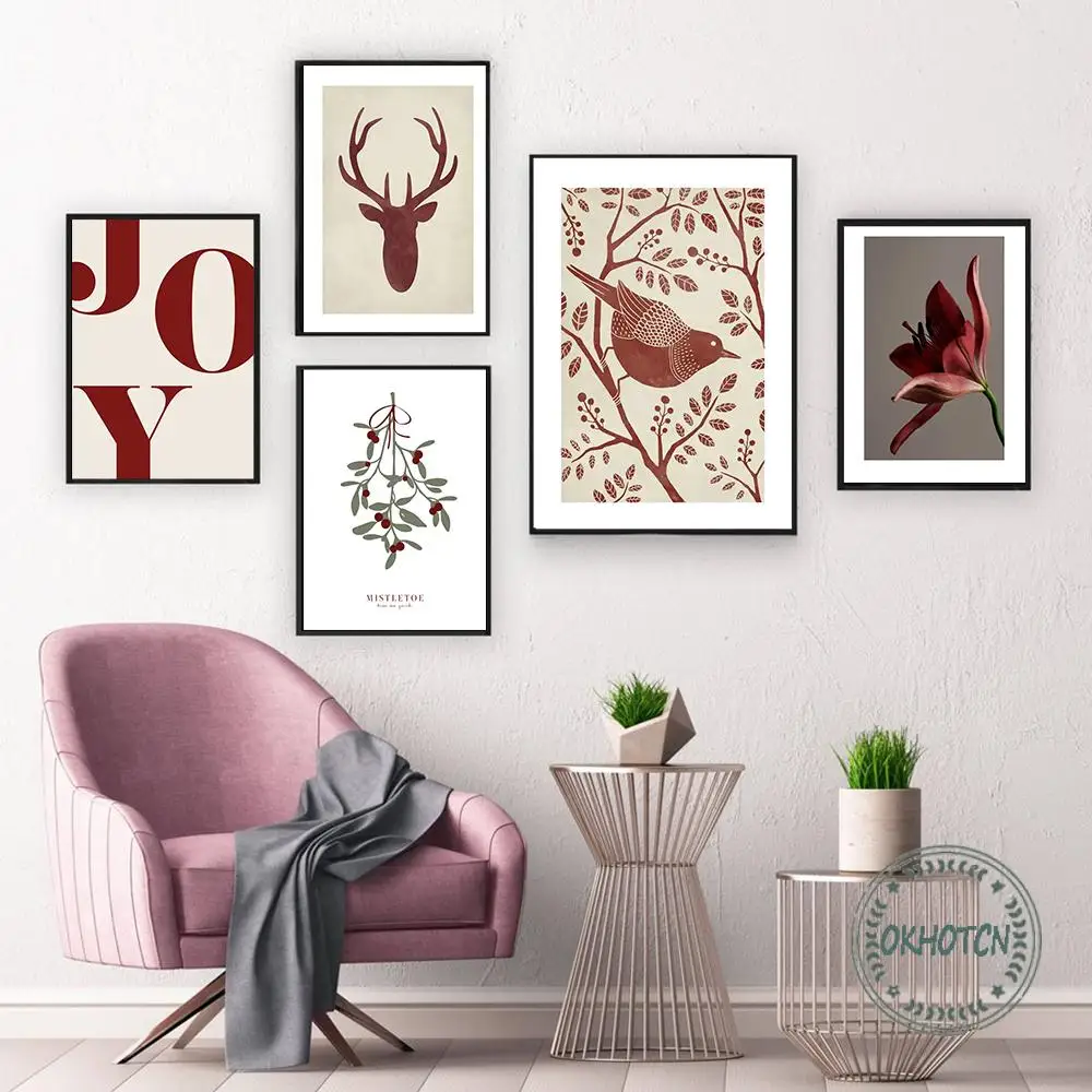 Red Wine Color Canvas Poster Christmas Bird Antlers Lily Kapok Flower Joy Quotes Painting Wall Art Decorative Interior Picture