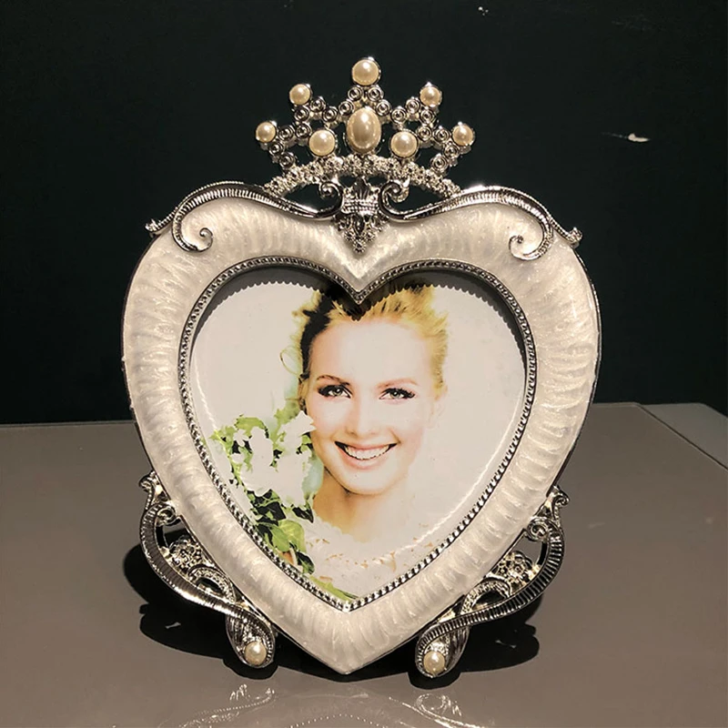 

Shiny Silver Plated Heart Shaped Crown Design White With Pearls Jeweled 5x5 Inches Tabletop Metal Alloy Picture Photo Frame