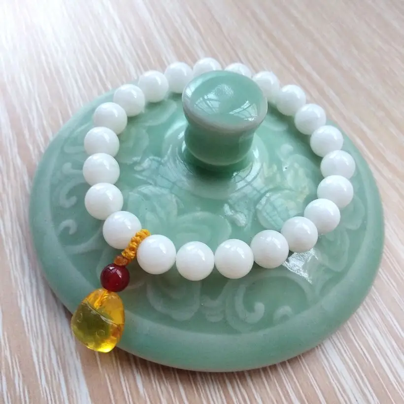 8mm Valuable Jade Grade Clam Bangle Mala Bead Bracelet Tridacninae Amulet Rosary Bless Beeswax Decoration