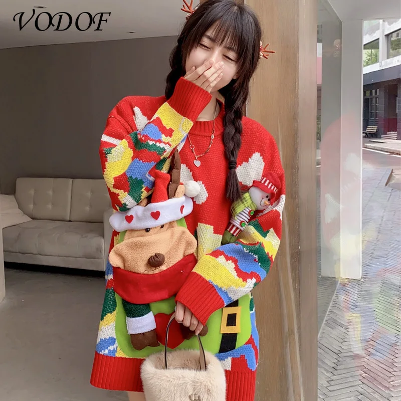 VODOF Winter Ugly Christmas Sweaters Pullover Women Jumper Oversized Knitted Lovers Red Sweater Long Sleeve O-neck Snowman Top