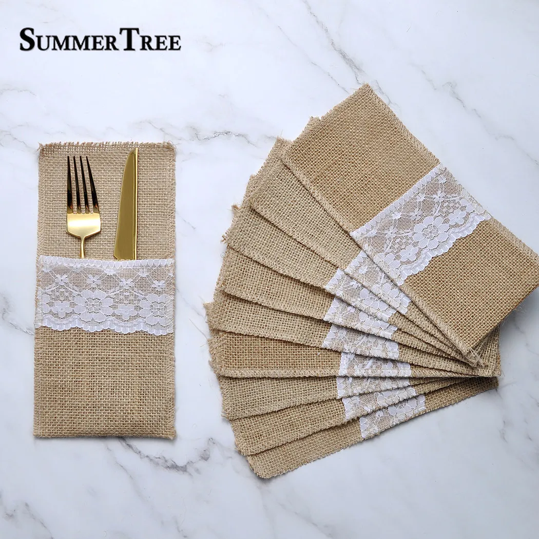 Burlap Lace Cutlery Pouch Wedding Tableware Party Knife Fork Holder Bag Hessian Rustic Jute Accessories Table Decoration