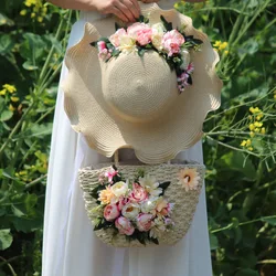 Bolso de mano con asa superior de ratán para mujer, bolsa de mano con diseño de rosa azul, estilo bohemio, para playa y vacaciones