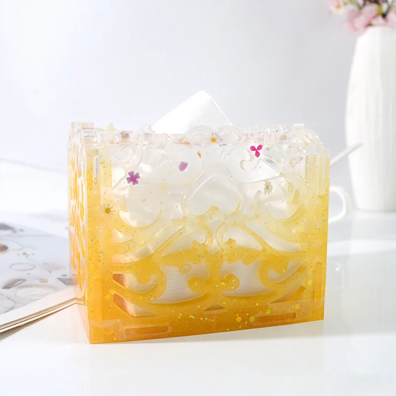 DIY Tissue Box Crystal Epoxy Resin Mold Pumping Tray Mold Hollow Pattern Storage Car Tissue Box Silicone Mold