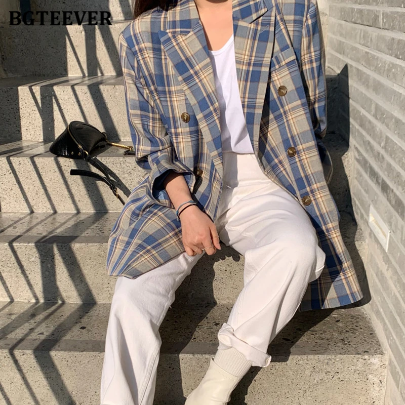 BGTEEVER Stylish Loose Double Breasted Women Plaid Blazer 2020 Autumn New Vintage Notched Collar Female Suit Jacket Good Fabric