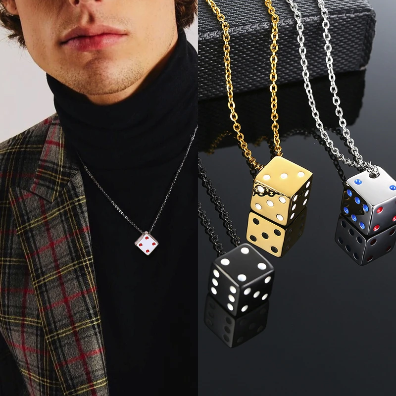 DICE ROLL SILVER COLOR GAMBLERS NECKLACE STAINLESS STEEL FEELING LUCKY SQUARE DICES PENDANT FOR MEN
