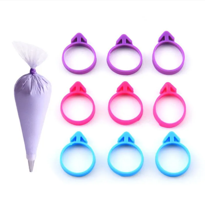 10 piezas de bolsa de glaseado de silicona, lazos, anillos fijos, bolsa de decoración de tuberías reutilizable DIY, banda de goma, amarre sin fugas, herramienta de pastelería
