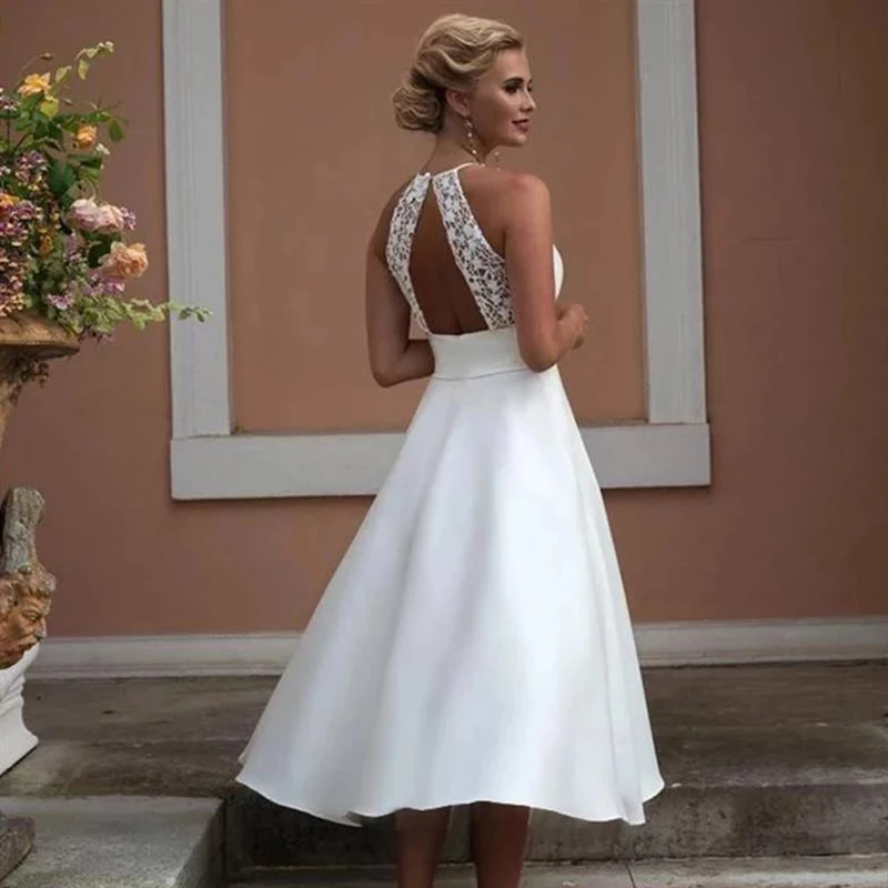 New Lovely Short Ivory Bridal Wedding Gowns Mid-Calf Length Lace Sleeveless Jewel Neck Wedding Dresses for Bride Cut Out Back