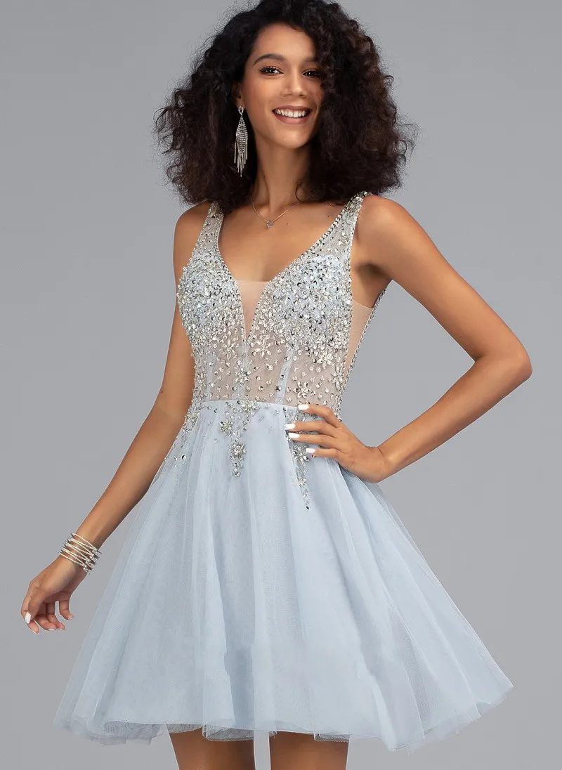 Sexy Cocktail Party Dress 2021 A-lijn V-hals Tulle Kralen Gradutation Homecoming Gown Robe De Soriee Vestidos