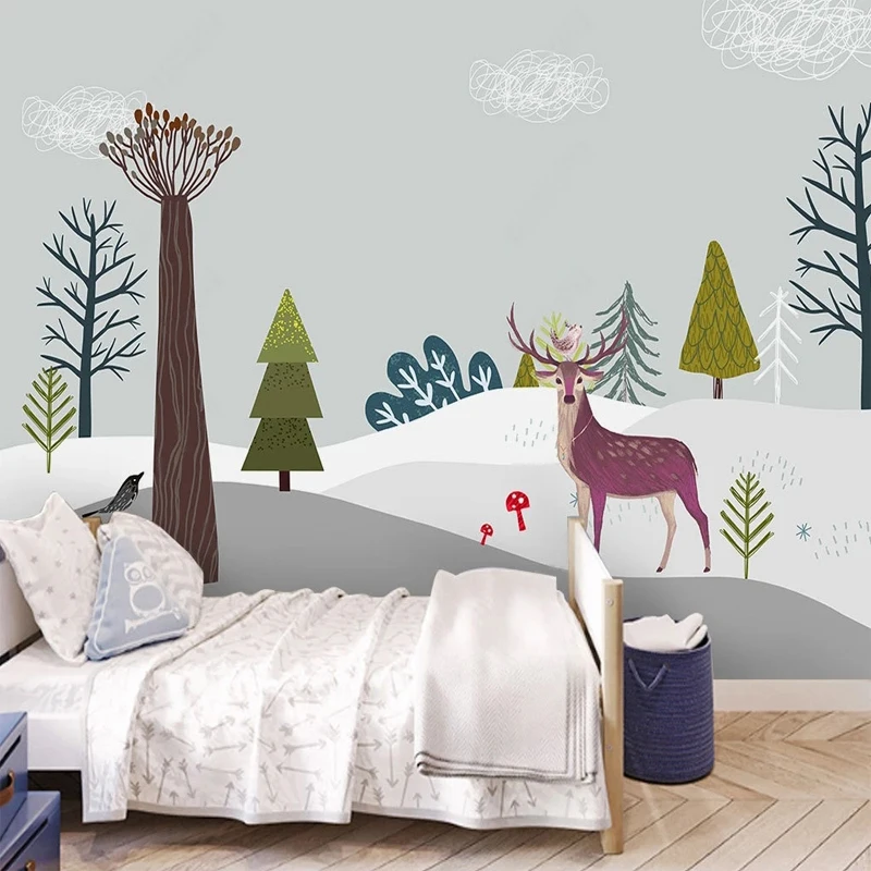 

Hand Painted Cartoon Forest Trees Animals Deer Wallpaper Custom Size 3D Photo Mural Baby Kids Bedroom Background Wall Decoration