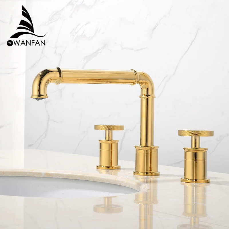 Basin Faucets Retro Industrial Style Gold Plated Color Bathroom Sink Faucets 3 Holes Double Handle Hot And Cold Water Tap 20A10K