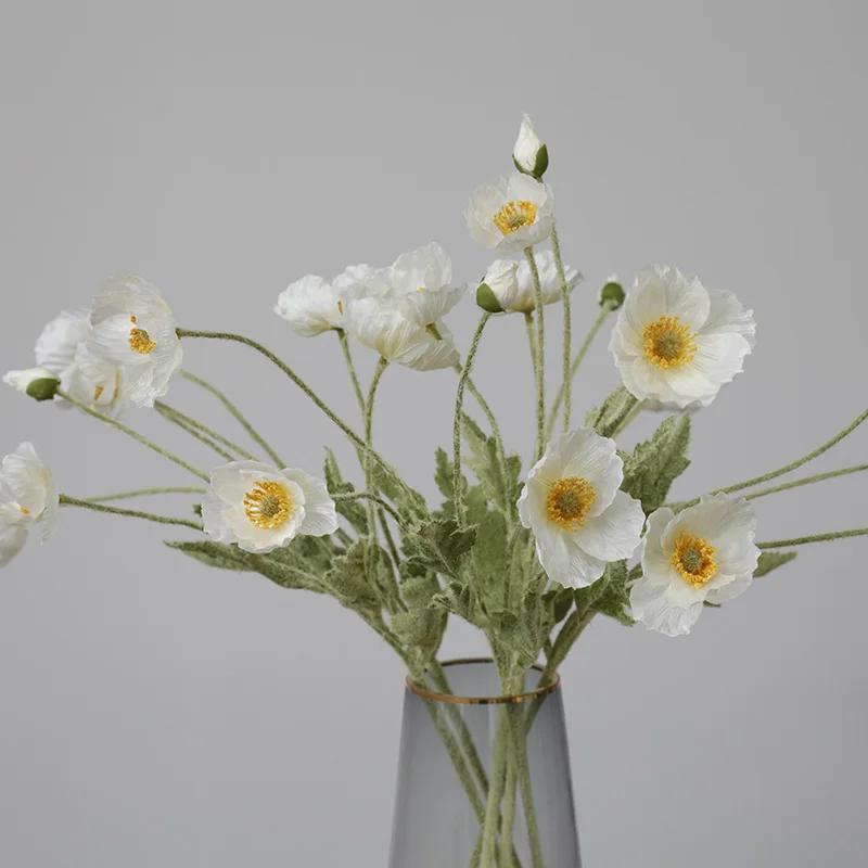 6pcs Artificial Flowers Gorgeous Silk Poppy Flocky Stem Wedding Holiday Bridal Bouquet Photography