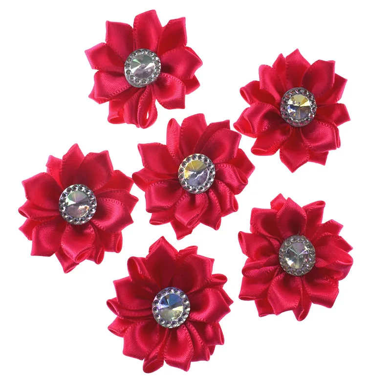 12Pcs Satin Ribbon Flowers Applique AB Artificial Rhinestone Ribbon For Clothes Craft Sewing Wedding Hair Packing 4.5cm