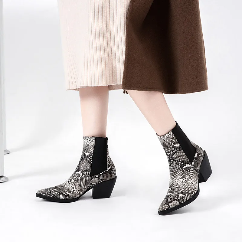 YMECHIC 2024 Fashion Dress Office Shoes Women White Black Slip on Snake Print Block Heels Chelsea Western Cowboy Ankle Boots