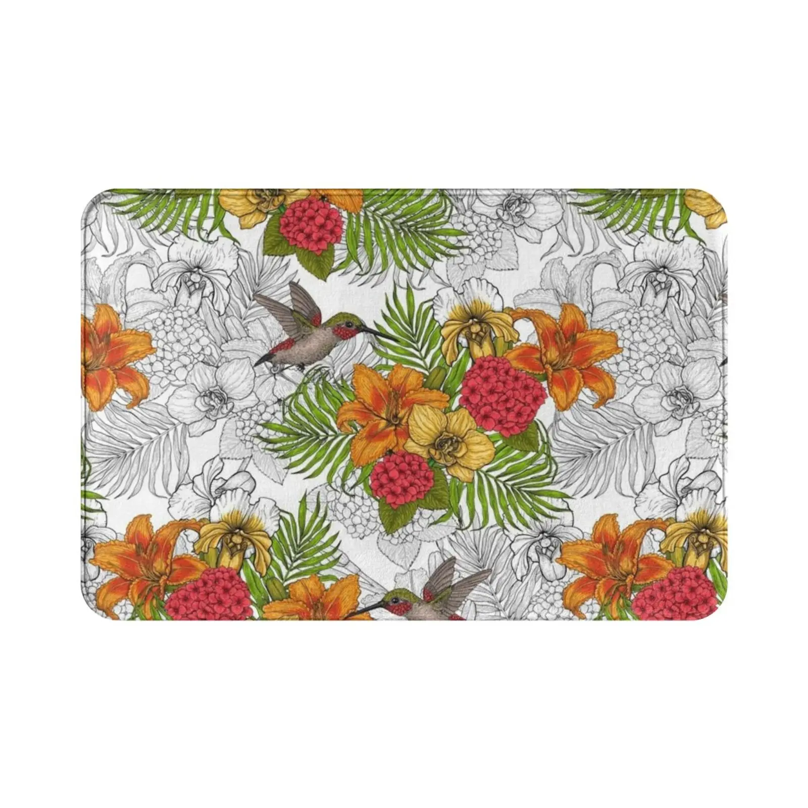 Hummingbirds And Tropical Bouquet Carpet Mat Rug Cushion Soft Hummingbird Bird Botanical Bouquet Floral Lily Daylily