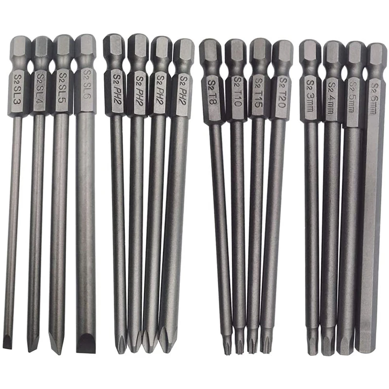 16Pcs Long netic Screwdriver Bits Set Slotted+Cross+Hex+Torx Drill Bit Set 1/4 Inch Hex Shank 100mm Length