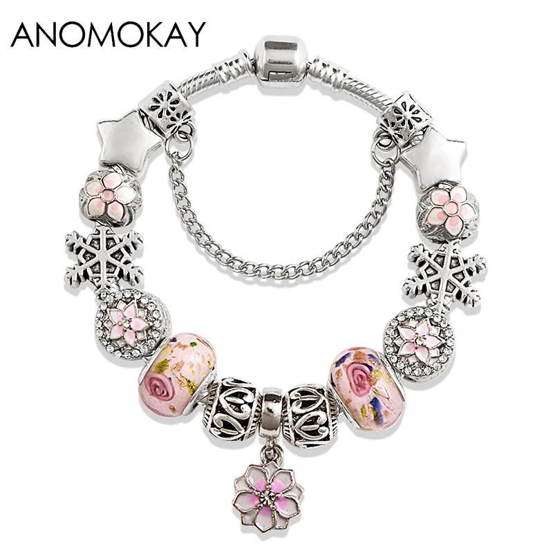 Romatic Pink Cherry Blossoms Enamel Charm Bracelets for Women Silver Color Snake Chain Bead Bracelets & Bangles Pulsera