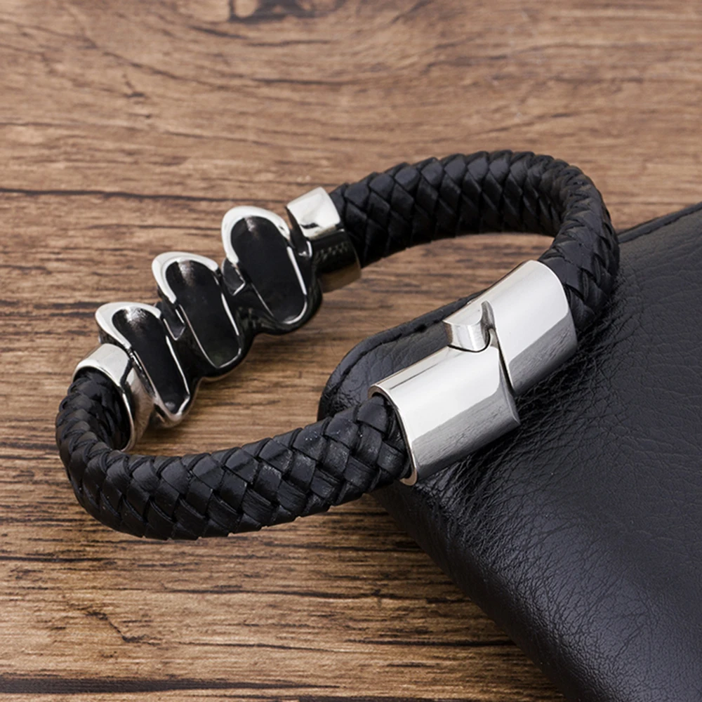 TYO Trendy Woven Rope Magnetic Braided Bone Steel Punk Metal Brand Fashion Wholesale Genuine Leather Men Bracelet Skull