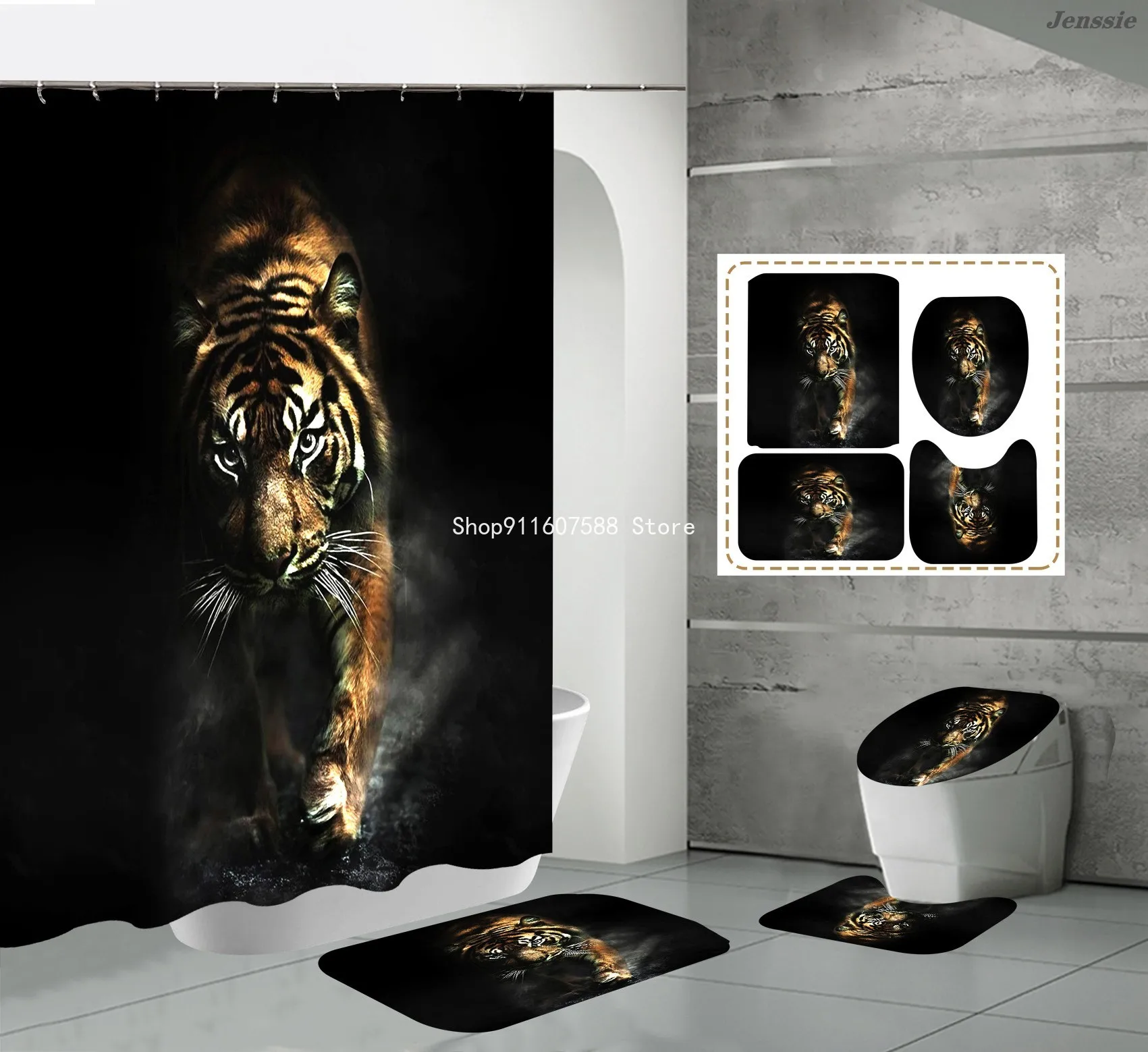 Animal Print Black Shower Curtains Lion Tiger Cheetah 3D Bathroom Curtain Set Anti-slip Bath Mat Soft Toilet Lid Cover Home Rugs