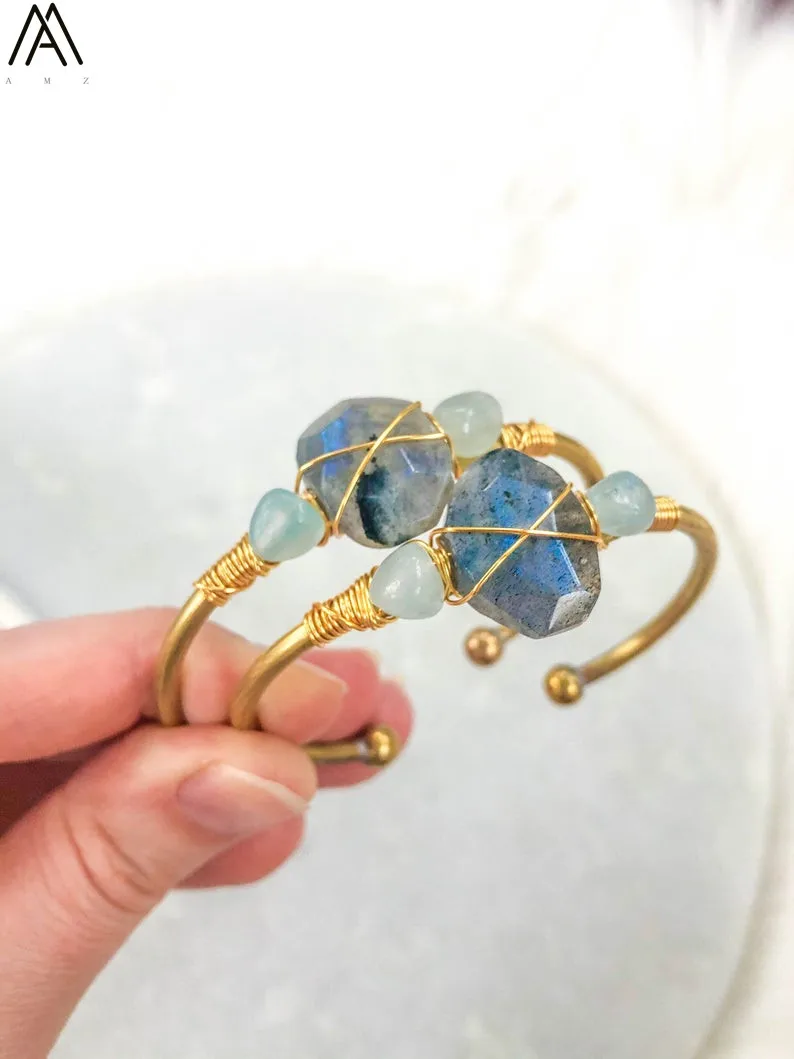 Natural Labradorite Stone Nugget Beads Open Cuff Bangles Women 6mm Aquamarines Round Beads Gold Couples Bracelets BG008AMAB