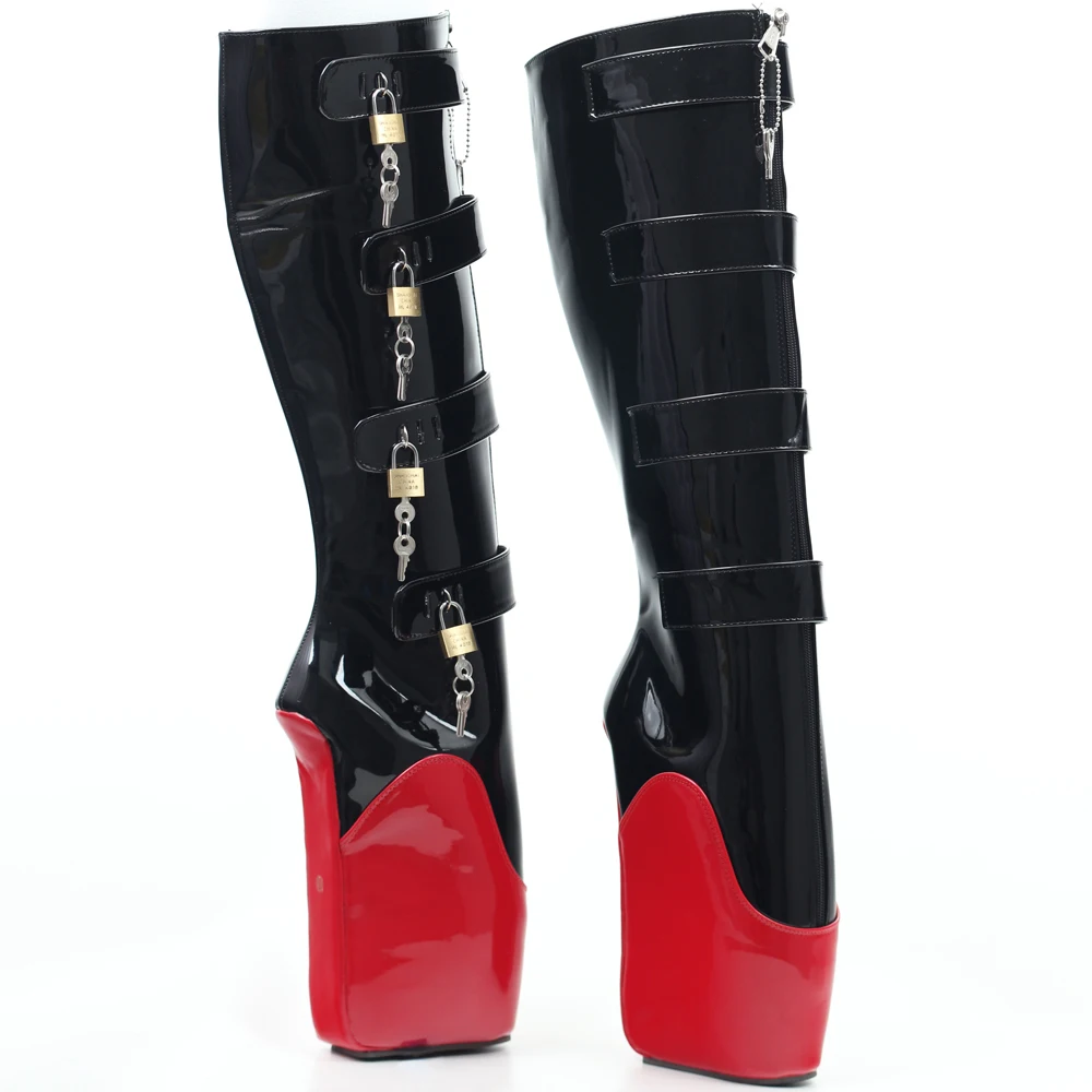 jialuowei 2018 New 8 Keys Strange Wedge High Heel Heelless Training Padlocks YKK Zipper Lockable Knee-High Ballet Boots Unisex