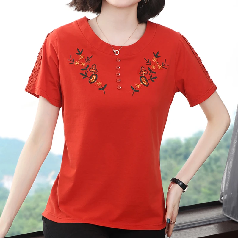 Shintimes Floral Embroidery T Shirt Women 2021 New Summer Tops Button T-Shirt Casual Cotton Korean Woman Clothes Tee Shirt Femme