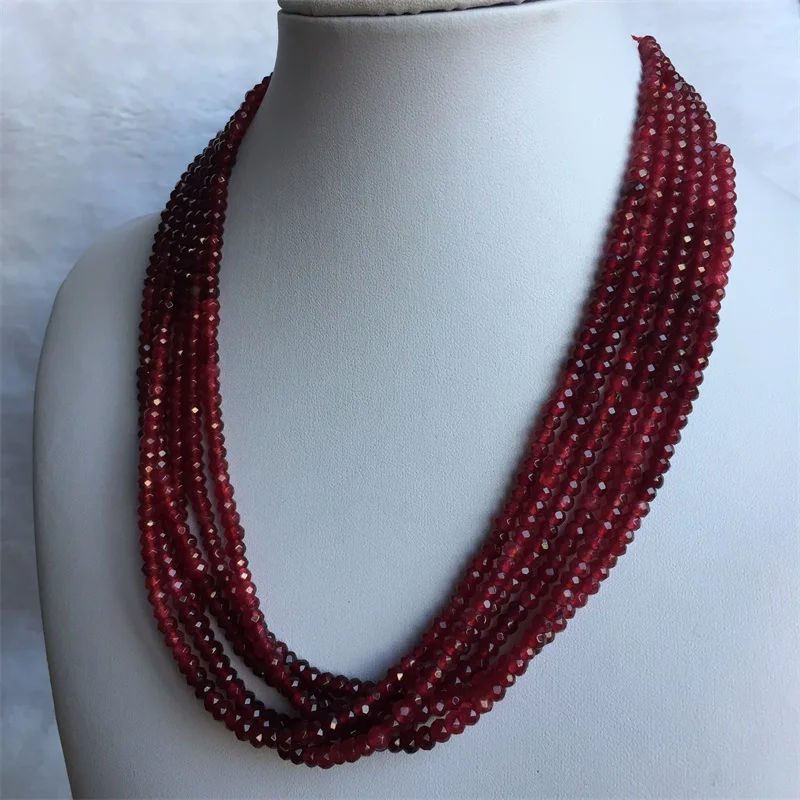 Faceted 3*4MM 1/3/6 Layers Classic Vintage Natural Stone Jewelry Handmade Noble Double Color Red Rubies Bead Strand Necklace