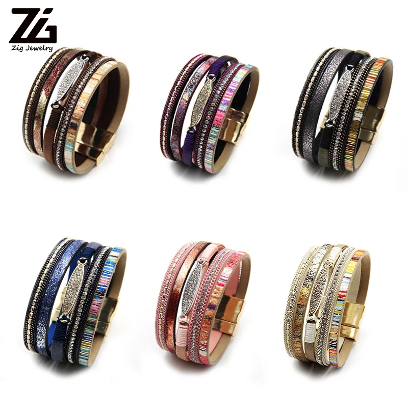 ZG Fashion Women Leather Bracelet Rhinestone Bar Charm Bohemian Leather Female Bracelets in 7 Colors