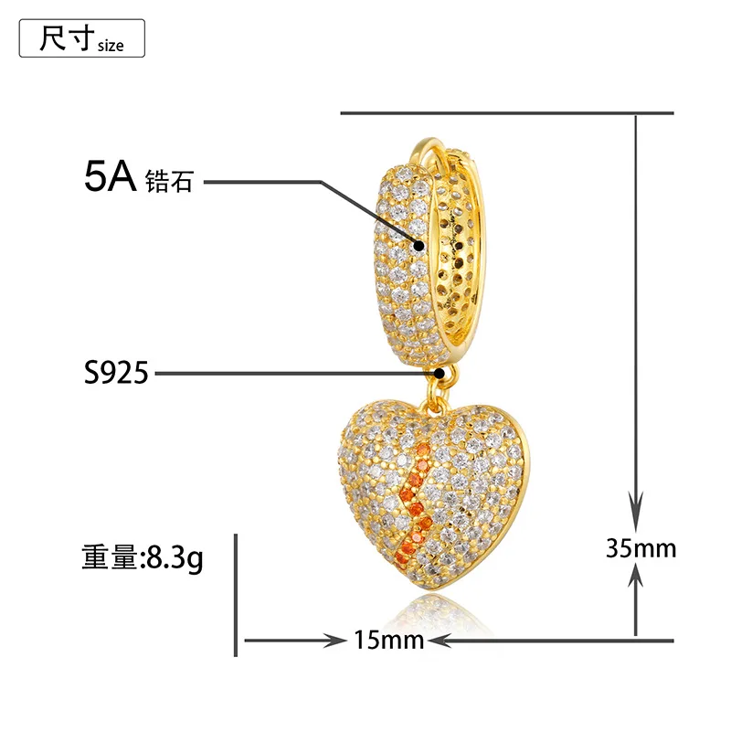 1Pair S925 Sterling Silver Broken Heart Shape Earrings Bling Ice Out Hip Hop CZ Earrings for Men Women Lover Rapper Jewelry