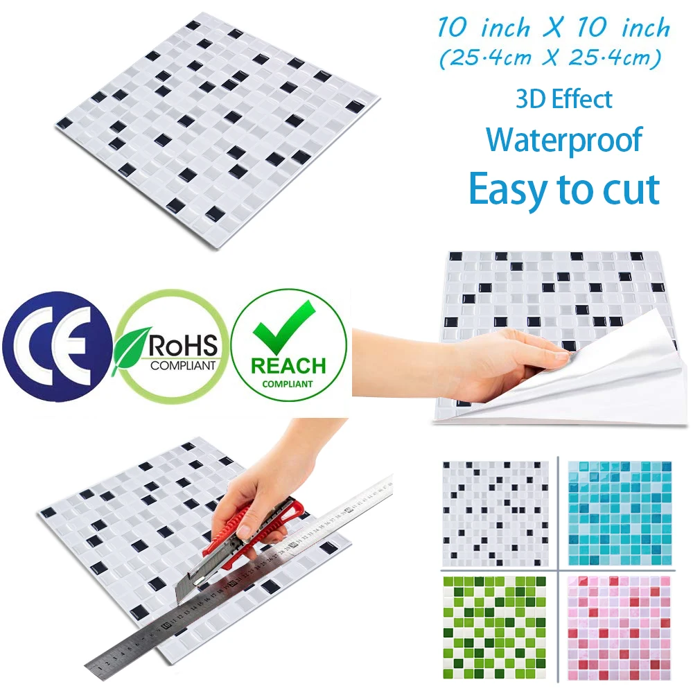 10-Sheet/pack Premium Stick On Kitchen Backsplash Tiles, 250x250mm Peel and Stick Self Adhesive Bathroom 3D Wall Tiles