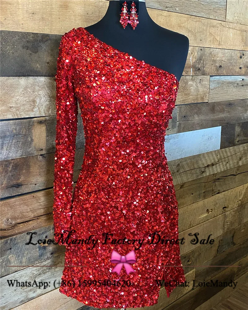 Brilhante vermelho lantejoulas vestidos de cocktail com único mangas compridas curto mini baile de formatura vestido de festa sem costas vestidos para graduacion