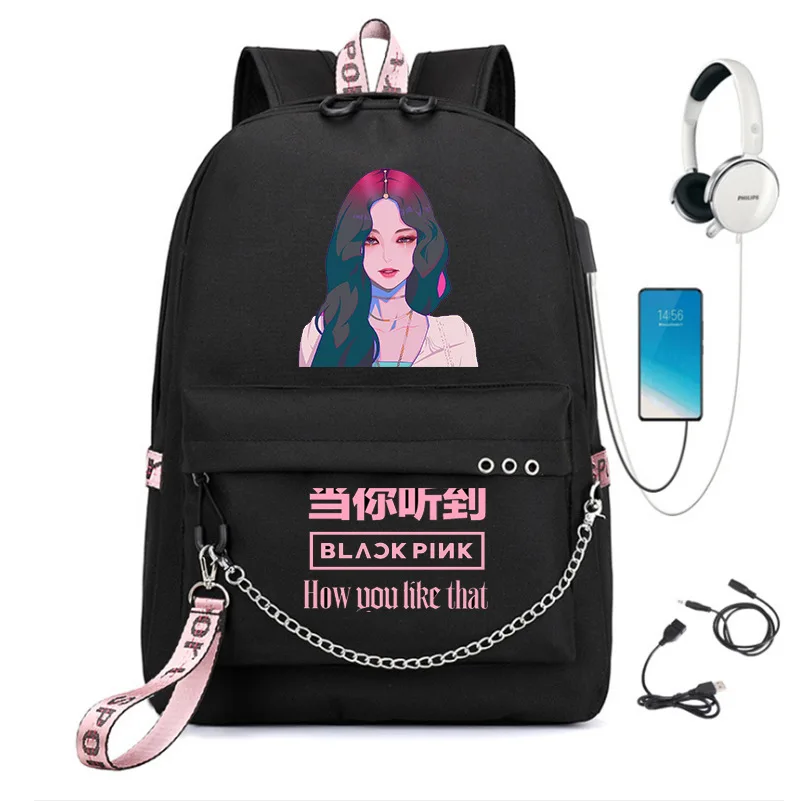 Mode Schwarz Rucksäcke Rosa Mädchen Schule Taschen Reisetaschen Laptop Kette Rucksack Kopfhörer USB Port