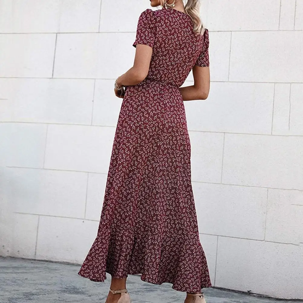 2021 Women Dress Floral Print Sexy V Neck Ruffle Hem Short Sleeve Wrap elegant Vintage Floral Print Maxi Dress Streetwear Dress