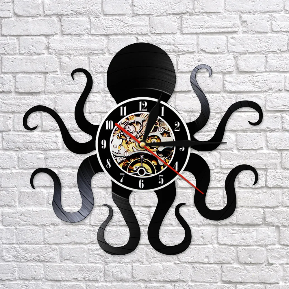 Retro Octopus Mollusk Silent Quartz Vinyl Record Wall Clock With LED Backlight Kraken Octopus Ocean Animal Night Light Watch