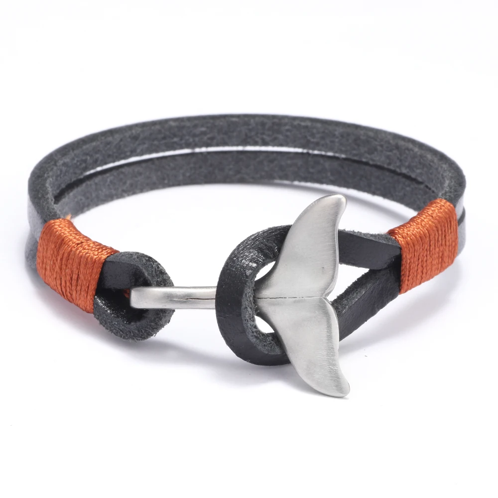 Men Jewelry Real Rope Leather Bracelets For Women Gifts Charms Metal Whale Tail Bangles Bracelets