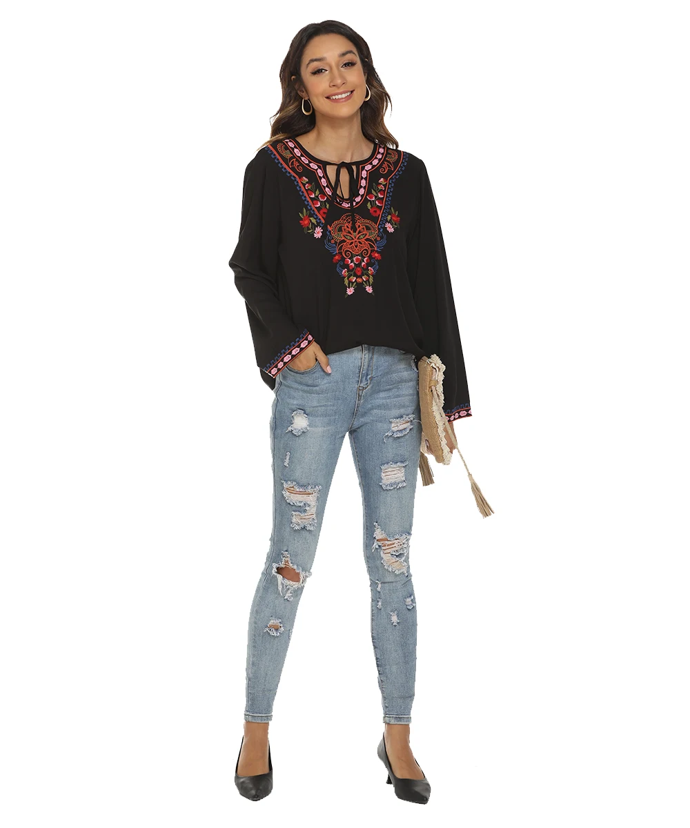 Embroidery Blouse for Women, Plus Size Mexican Shirt, Long Sleeve V-neck, Lace Up Vintage, Ethnic Embroidered Top, Black, Autumn