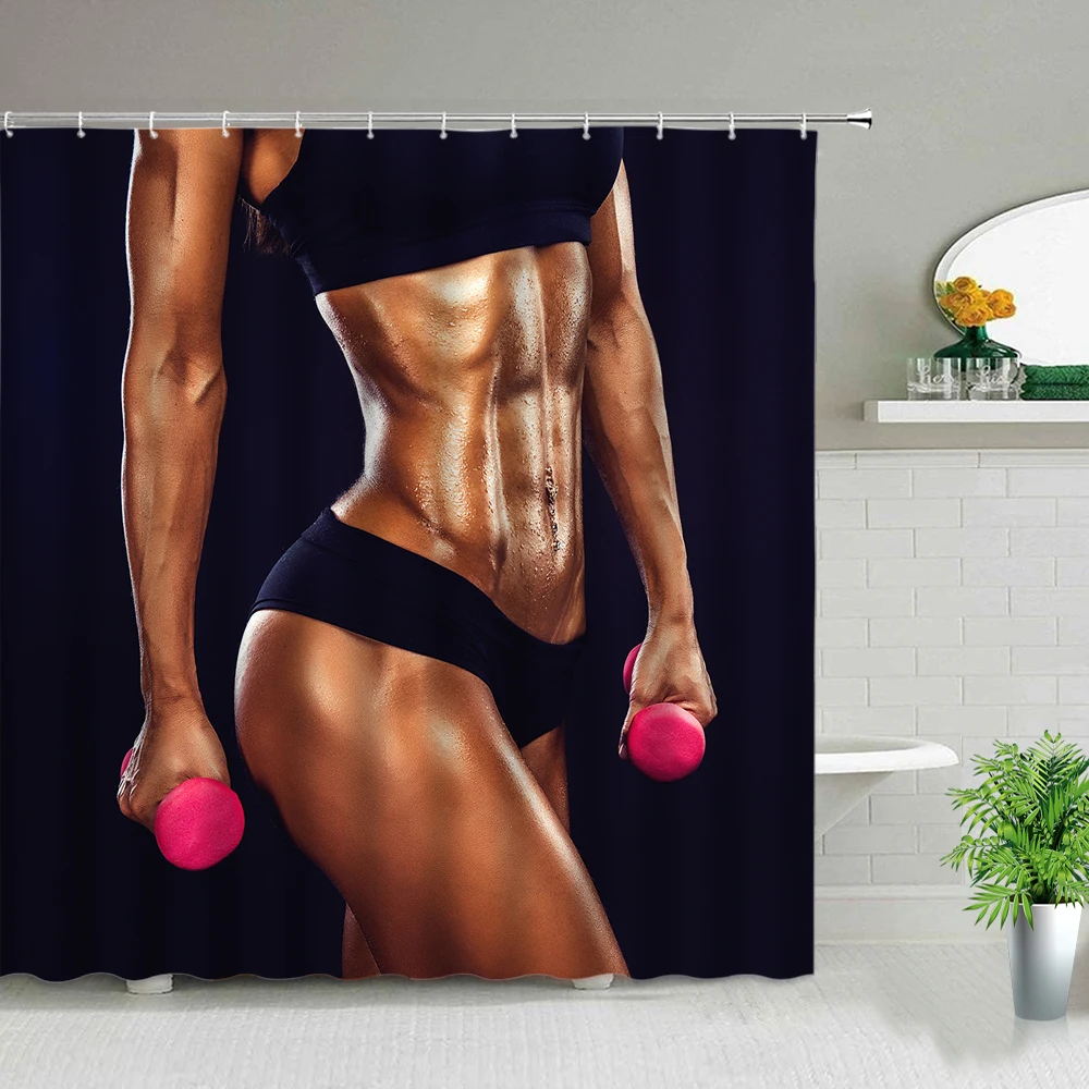 Bathtub Decor Shower Curtains Sexy Fitness Man And Woman Good Body Shape Gym 3d Printing Waterproof Fabric Bathroom Curtain Set