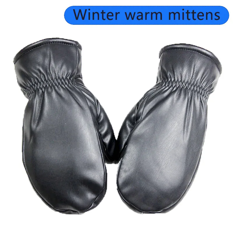 Unisex Faux Leather Mittens Loose Style Fake Fur Lining Ladies Winter Thicken Warm Outdoor Waterproof Windproof Gloves