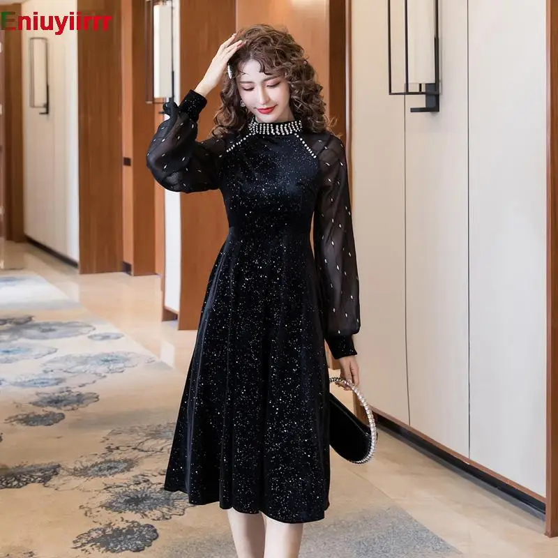 Women 2022 New Year Winter Spring Basic Wear Sexy Sheer Mesh French Black Long Elegant Party Beaded Bling Velvet Dress 5869